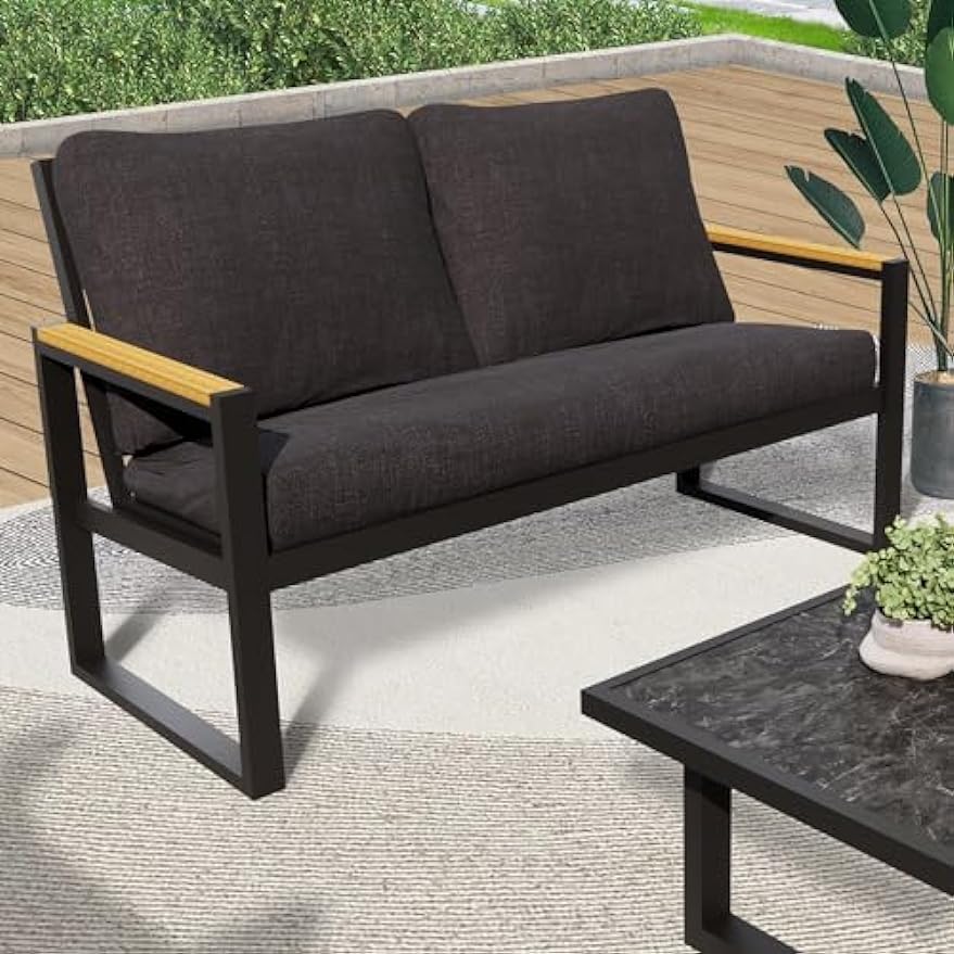 Outdoor 4 Pieces Aluminum Frame Furniture Set - Patio Modern Conversation Sofa Set, Garden Furniture Set with Single Chairs, Loveseat & Coffee Table for Balcony, Backyard, Poolside