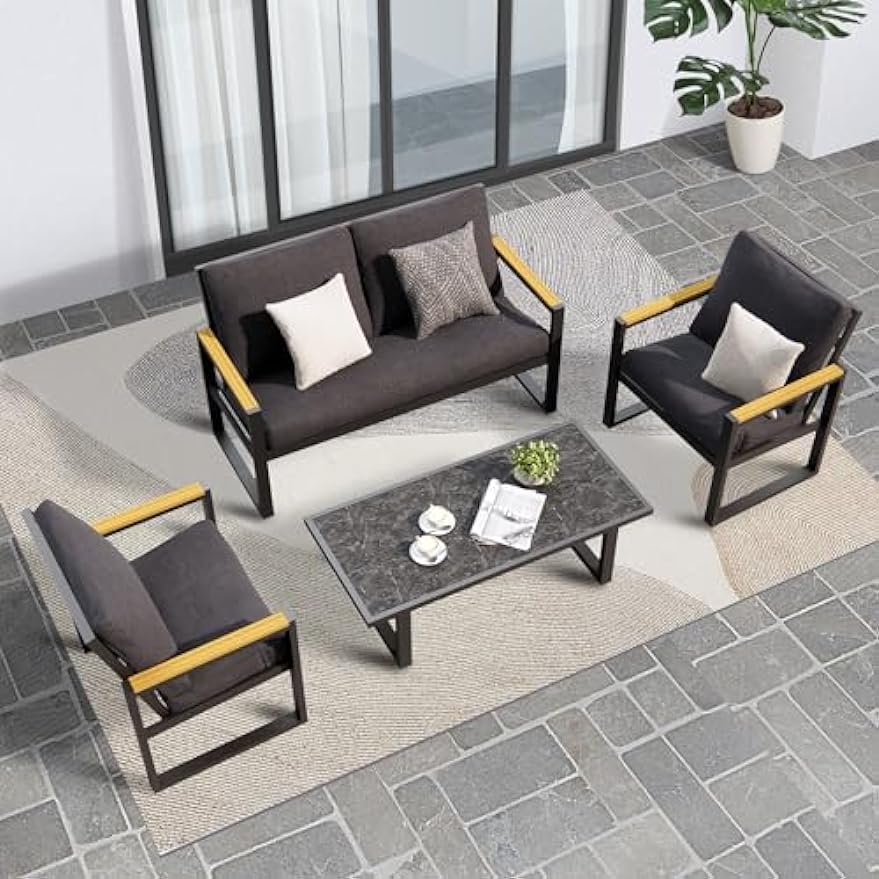 Outdoor 4 Pieces Aluminum Frame Furniture Set - Patio Modern Conversation Sofa Set, Garden Furniture Set with Single Chairs, Loveseat & Coffee Table for Balcony, Backyard, Poolside