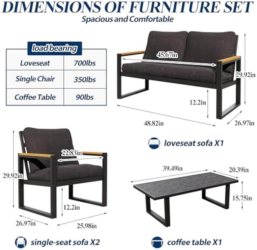 Outdoor 4 Pieces Aluminum Frame Furniture Set - Patio Modern Conversation Sofa Set, Garden Furniture Set with Single Chairs, Loveseat & Coffee Table for Balcony, Backyard, Poolside