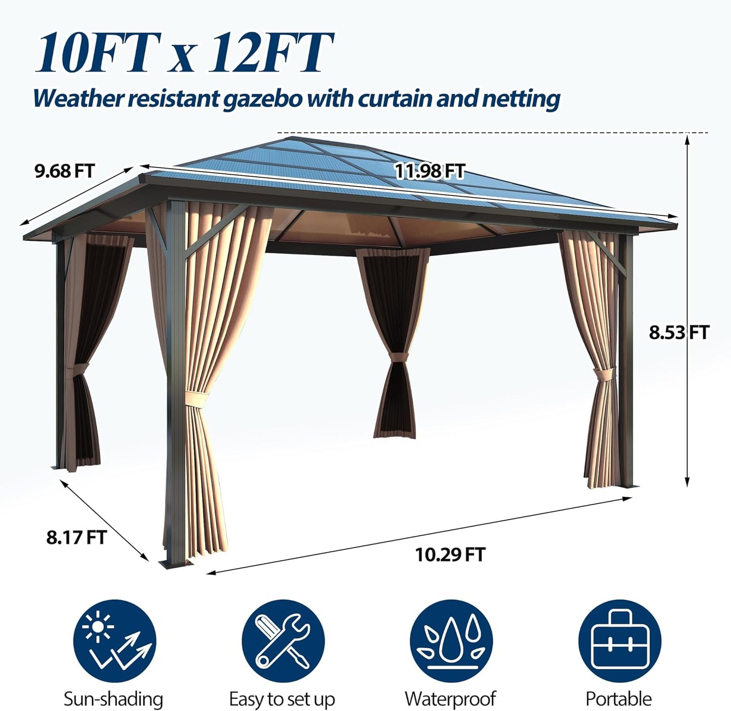 10' x 10' Porch Polycarbonate Hardtop Gazebo with Aluminum Frame - Outdoor Translucent Roof Gazebo with Breathable Netting & Shaded Curtains for Patio, Lawn, Garden, Backyard, Poolside