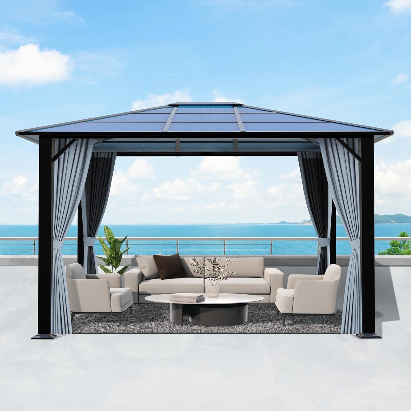 10FT x 10FT Patio Polycarbonate Hardtop Gazebo with Steel Frame - Outdoor Translucent Roof Gazebo with Breathable Netting & Shaded Curtains for Porch, Lawn, Garden, Backyard, Poolside