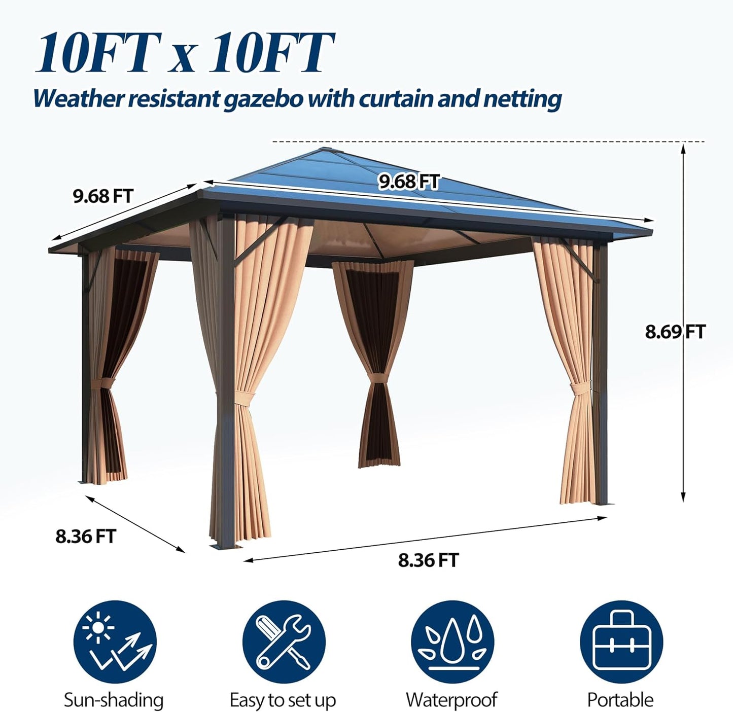 10' x 10' Porch Polycarbonate Hardtop Gazebo with Aluminum Frame - Outdoor Translucent Roof Gazebo with Breathable Netting & Shaded Curtains for Patio, Lawn, Garden, Backyard, Poolside