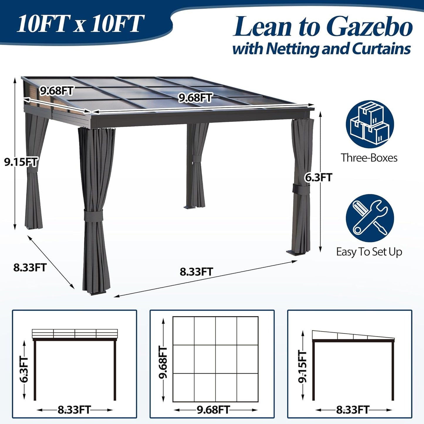 10' X 10' Outdoor Polycarbonate Hardtop Gazebo - Wall-Mounted Aluminum Frame Gazebo with Slope Roof, Patio Heavy-Duty Lean to Gazebo Pergola with Netting & Curtains for Garden, Backyard