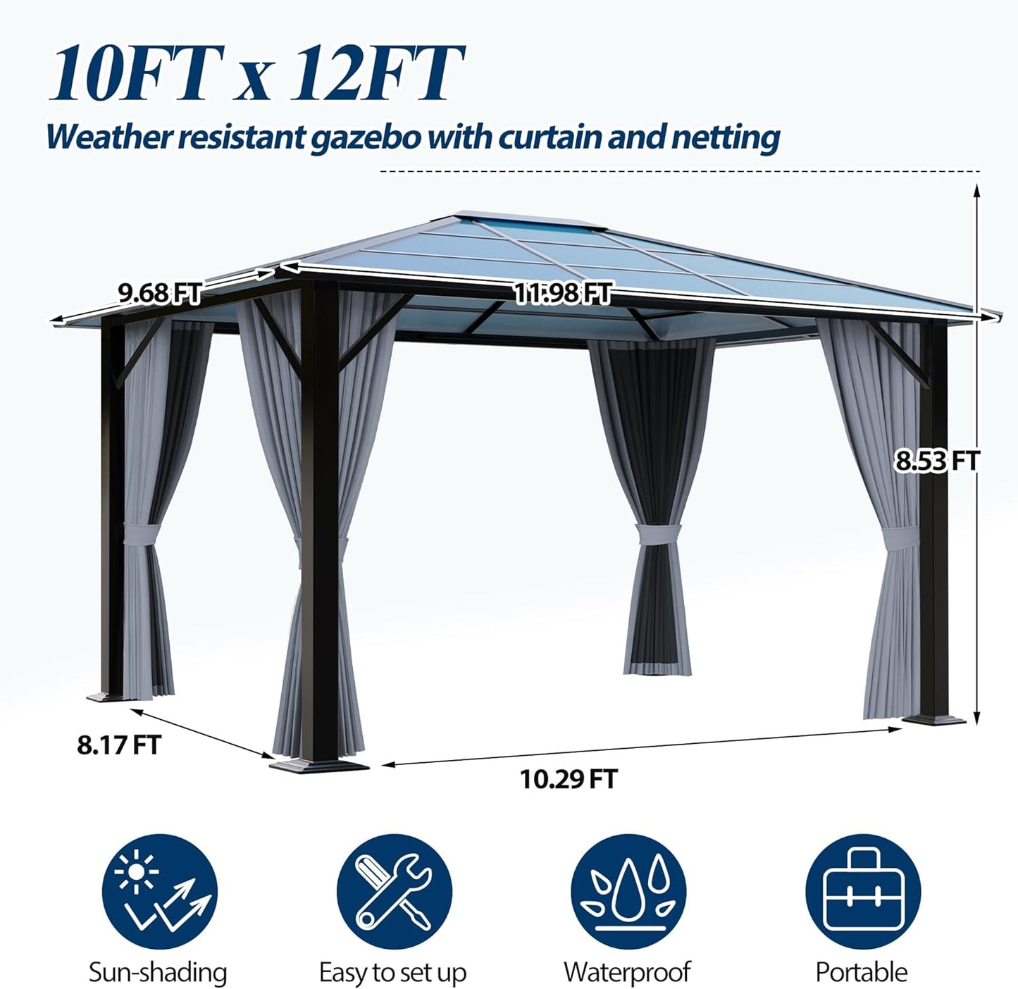 10FT x 10FT Patio Polycarbonate Hardtop Gazebo with Steel Frame - Outdoor Translucent Roof Gazebo with Breathable Netting & Shaded Curtains for Porch, Lawn, Garden, Backyard, Poolside