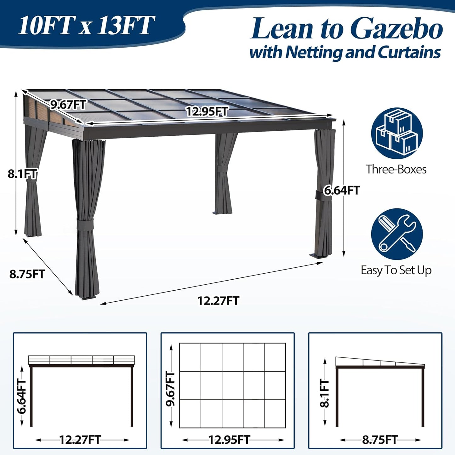 10' X 10' Outdoor Polycarbonate Hardtop Gazebo - Wall-Mounted Aluminum Frame Gazebo with Slope Roof, Patio Heavy-Duty Lean to Gazebo Pergola with Netting & Curtains for Garden, Backyard