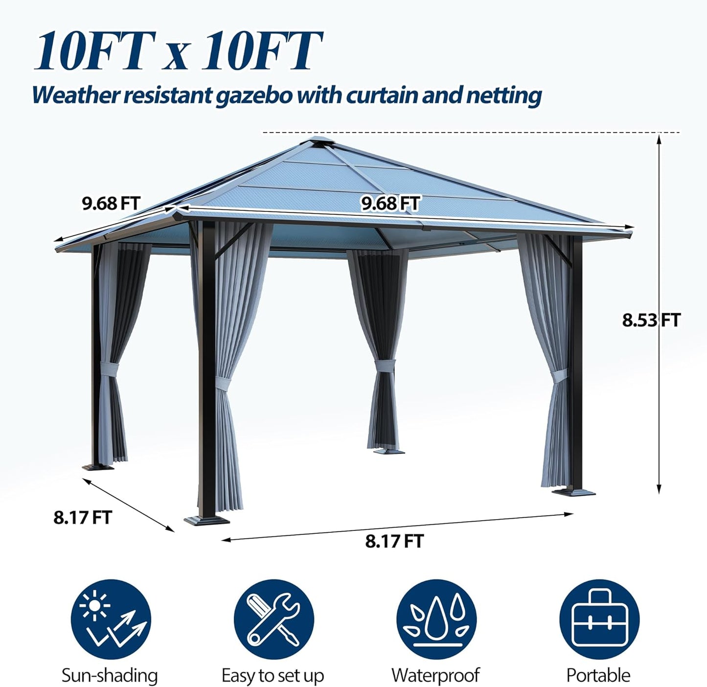 10FT x 10FT Patio Polycarbonate Hardtop Gazebo with Steel Frame - Outdoor Translucent Roof Gazebo with Breathable Netting & Shaded Curtains for Porch, Lawn, Garden, Backyard, Poolside