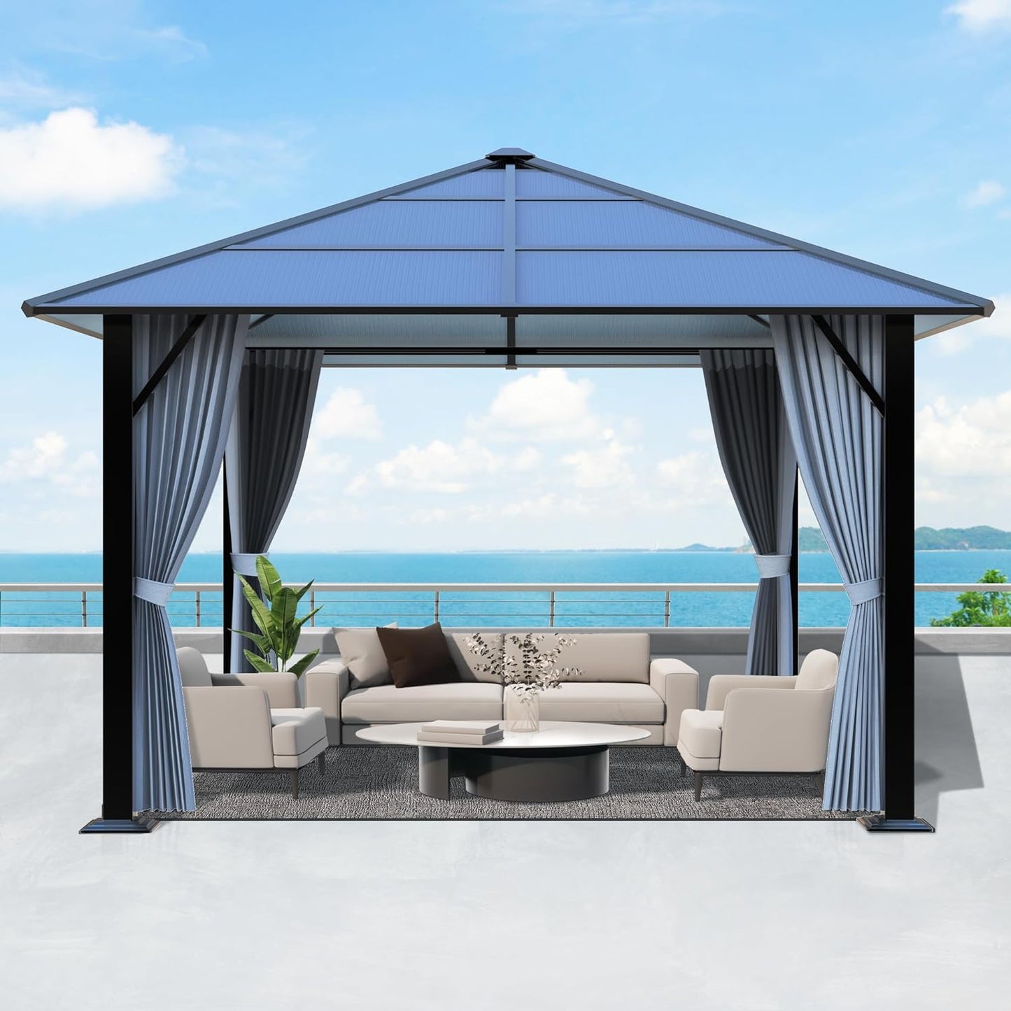 10FT x 10FT Patio Polycarbonate Hardtop Gazebo with Steel Frame - Outdoor Translucent Roof Gazebo with Breathable Netting & Shaded Curtains for Porch, Lawn, Garden, Backyard, Poolside