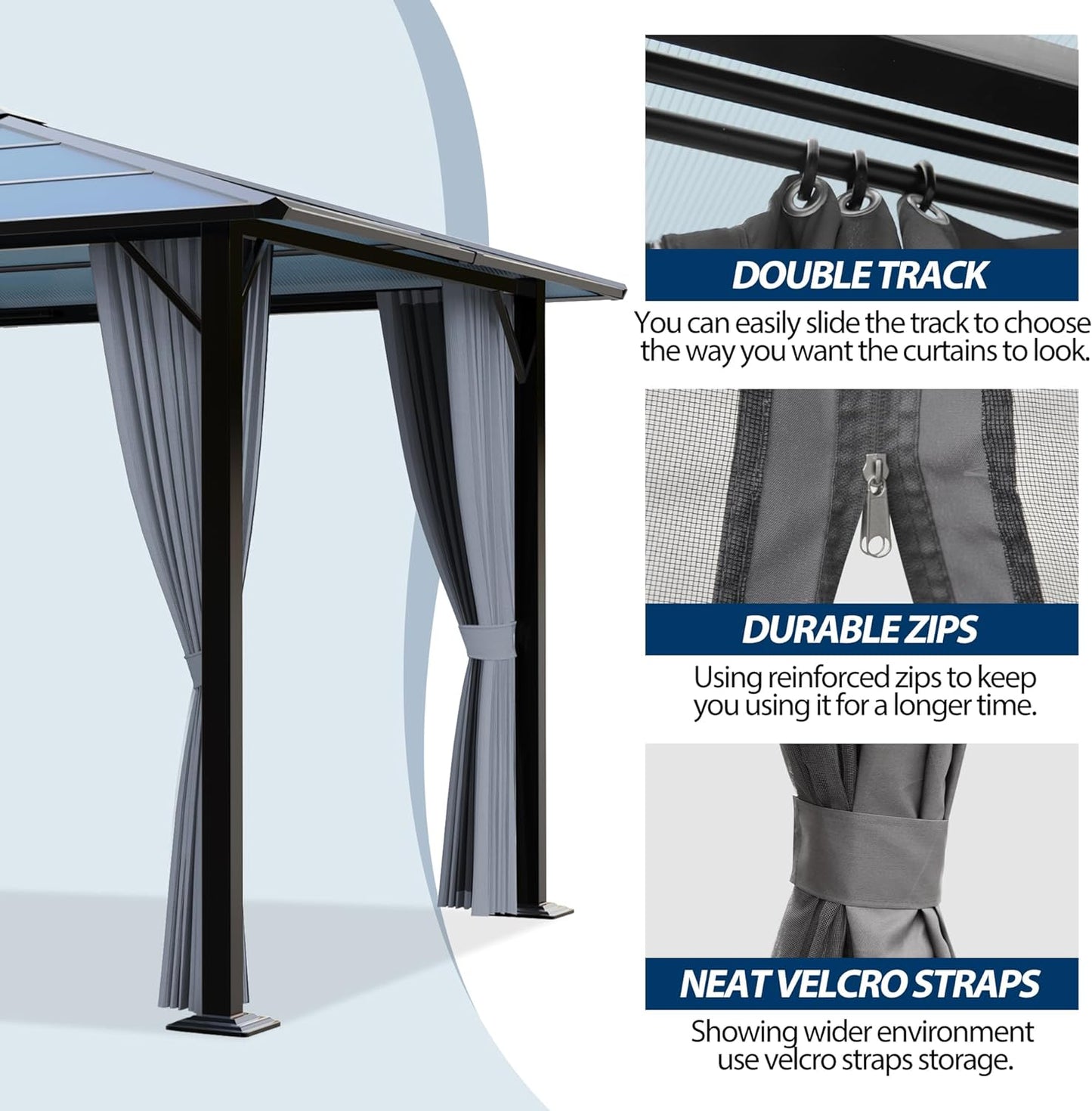 10FT x 10FT Patio Polycarbonate Hardtop Gazebo with Steel Frame - Outdoor Translucent Roof Gazebo with Breathable Netting & Shaded Curtains for Porch, Lawn, Garden, Backyard, Poolside