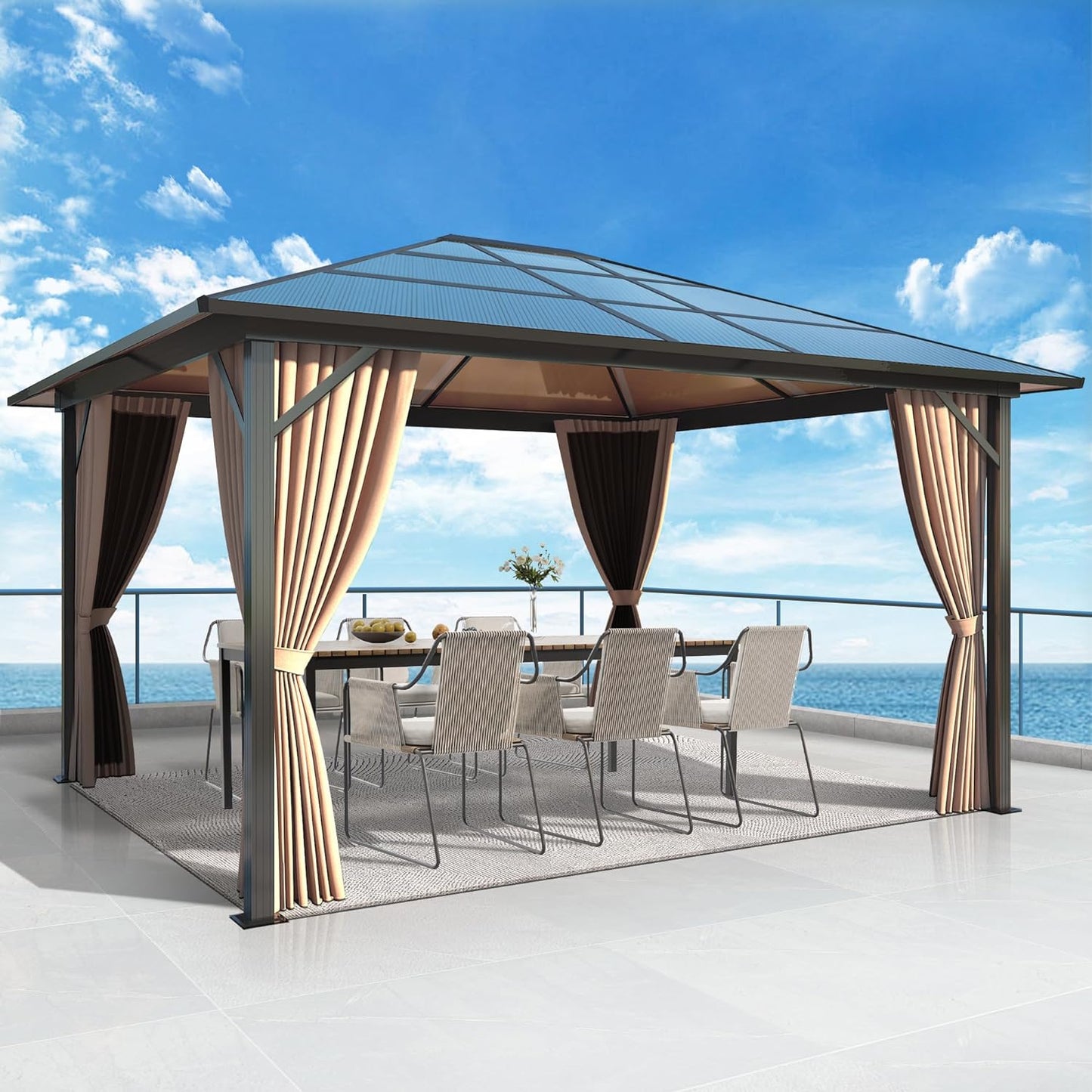 10' x 10' Porch Polycarbonate Hardtop Gazebo with Aluminum Frame - Outdoor Translucent Roof Gazebo with Breathable Netting & Shaded Curtains for Patio, Lawn, Garden, Backyard, Poolside