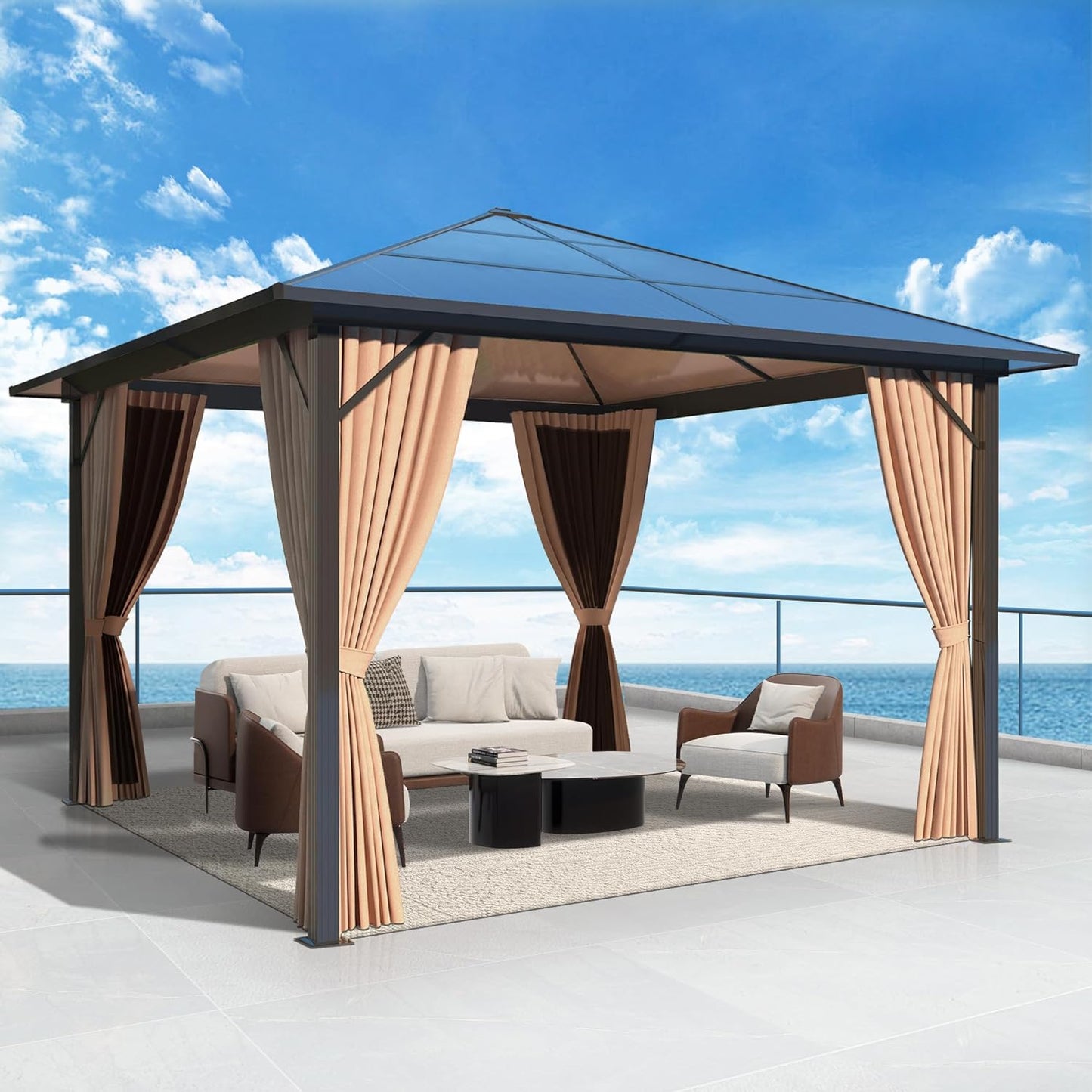 10' x 10' Porch Polycarbonate Hardtop Gazebo with Aluminum Frame - Outdoor Translucent Roof Gazebo with Breathable Netting & Shaded Curtains for Patio, Lawn, Garden, Backyard, Poolside