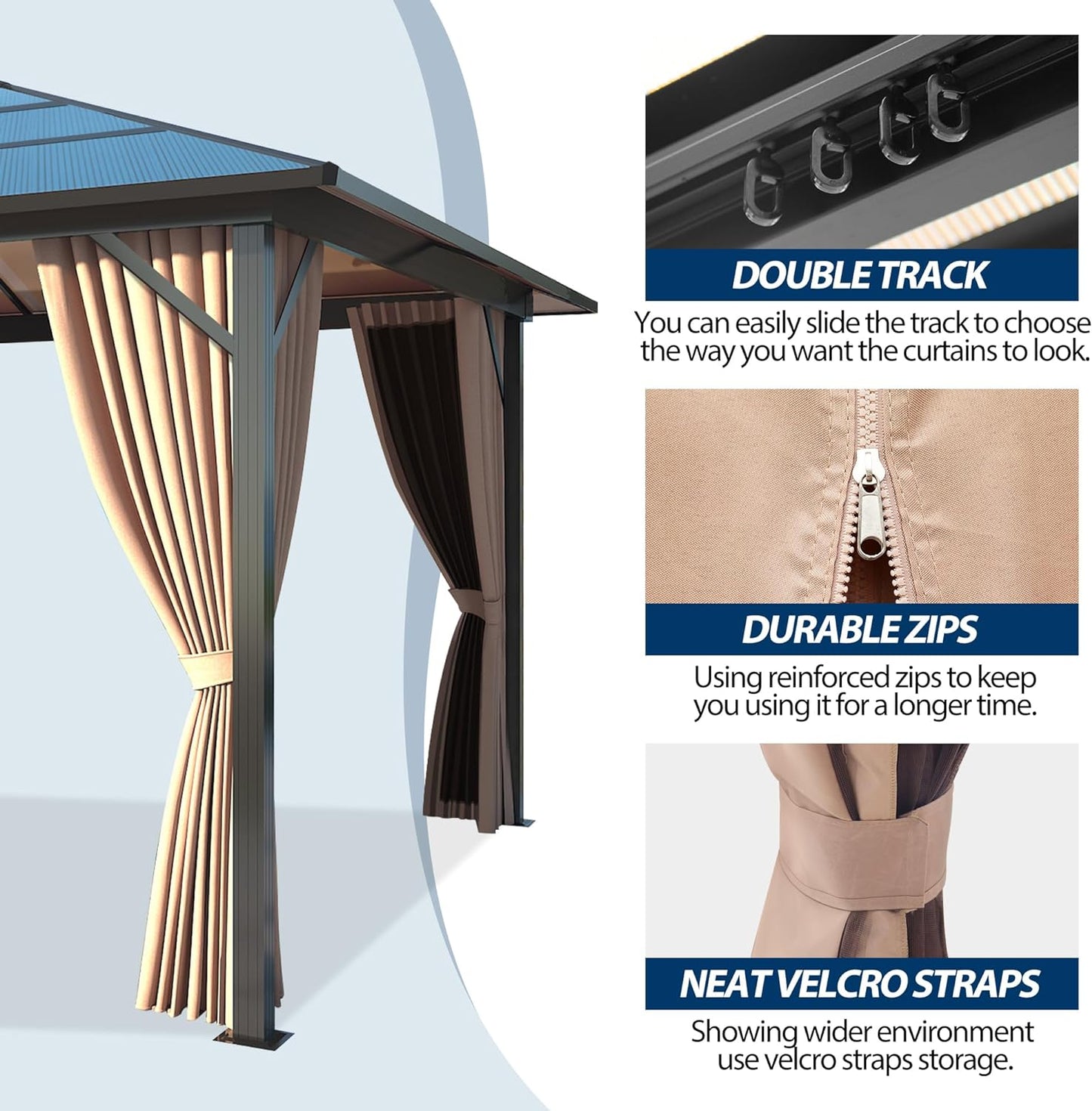 10' x 10' Porch Polycarbonate Hardtop Gazebo with Aluminum Frame - Outdoor Translucent Roof Gazebo with Breathable Netting & Shaded Curtains for Patio, Lawn, Garden, Backyard, Poolside