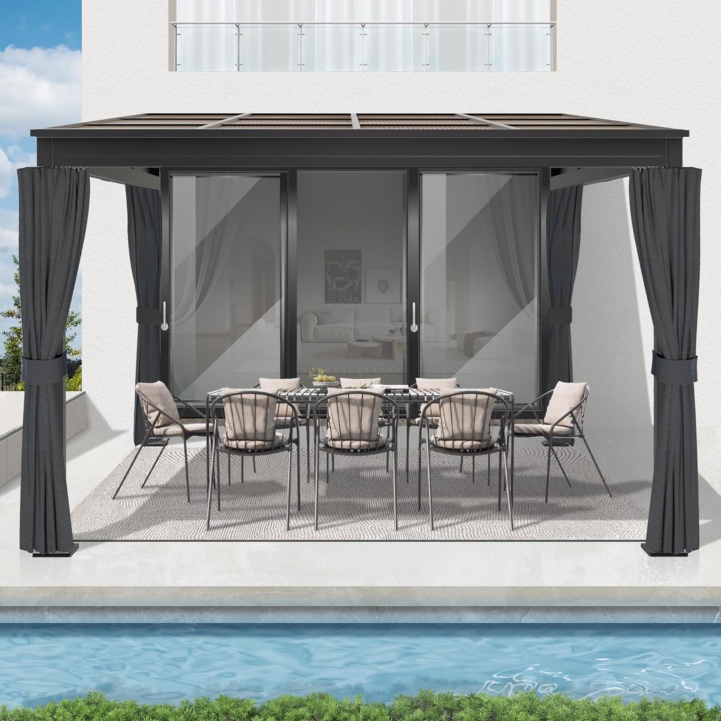 10' X 10' Outdoor Polycarbonate Hardtop Gazebo - Wall-Mounted Aluminum Frame Gazebo with Slope Roof, Patio Heavy-Duty Lean to Gazebo Pergola with Netting & Curtains for Garden, Backyard