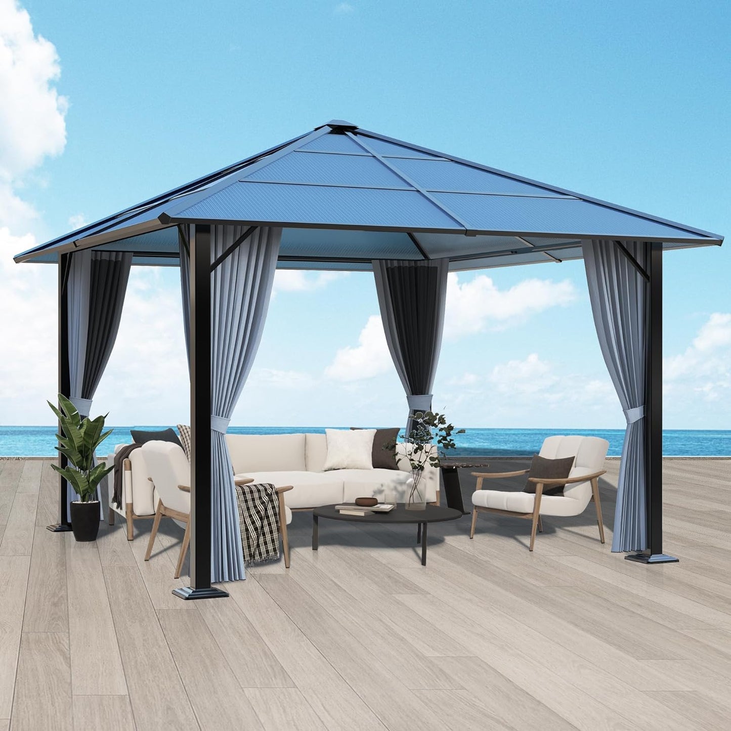 10FT x 10FT Patio Polycarbonate Hardtop Gazebo with Steel Frame - Outdoor Translucent Roof Gazebo with Breathable Netting & Shaded Curtains for Porch, Lawn, Garden, Backyard, Poolside