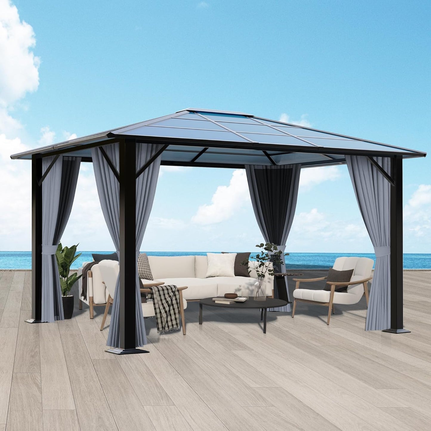 10FT x 10FT Patio Polycarbonate Hardtop Gazebo with Steel Frame - Outdoor Translucent Roof Gazebo with Breathable Netting & Shaded Curtains for Porch, Lawn, Garden, Backyard, Poolside