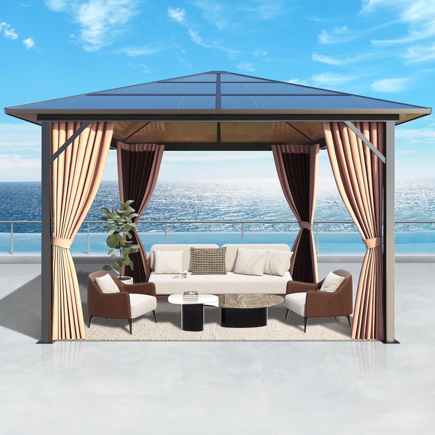 10' x 10' Porch Polycarbonate Hardtop Gazebo with Aluminum Frame - Outdoor Translucent Roof Gazebo with Breathable Netting & Shaded Curtains for Patio, Lawn, Garden, Backyard, Poolside