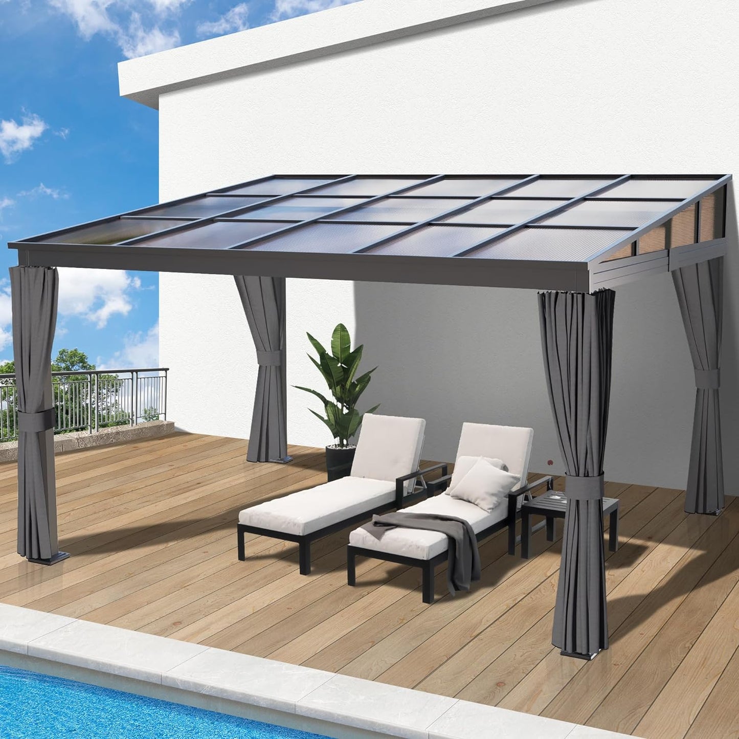 10' X 10' Outdoor Polycarbonate Hardtop Gazebo - Wall-Mounted Aluminum Frame Gazebo with Slope Roof, Patio Heavy-Duty Lean to Gazebo Pergola with Netting & Curtains for Garden, Backyard