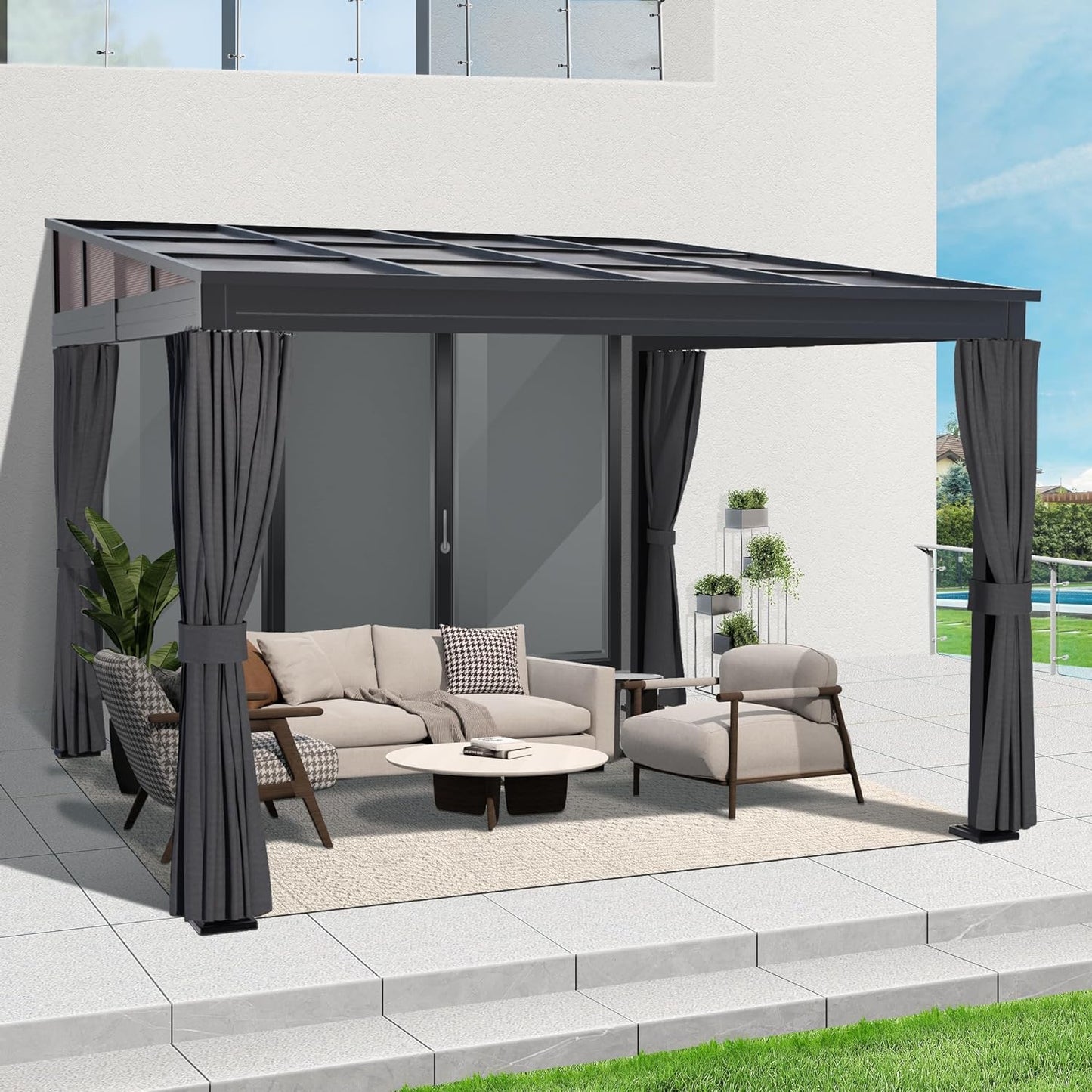 10' X 10' Outdoor Polycarbonate Hardtop Gazebo - Wall-Mounted Aluminum Frame Gazebo with Slope Roof, Patio Heavy-Duty Lean to Gazebo Pergola with Netting & Curtains for Garden, Backyard