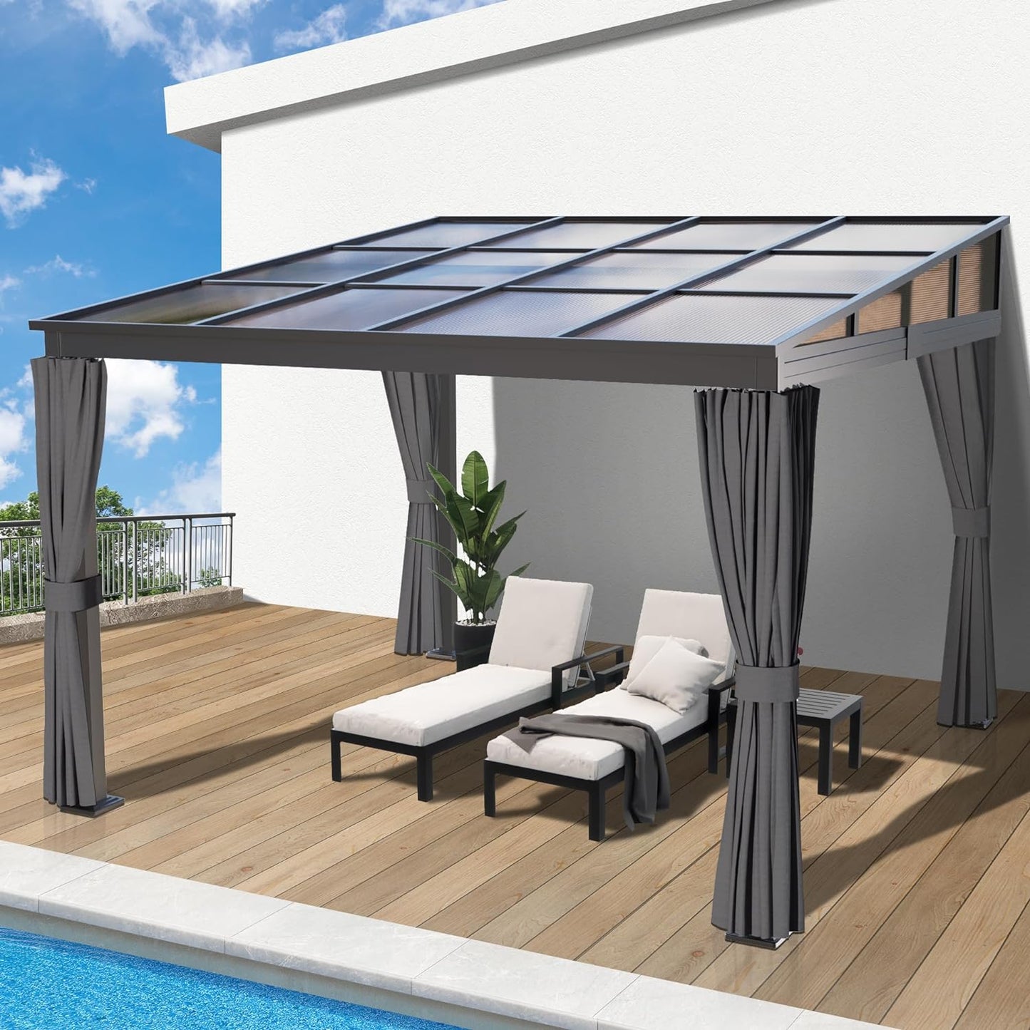 10' X 10' Outdoor Polycarbonate Hardtop Gazebo - Wall-Mounted Aluminum Frame Gazebo with Slope Roof, Patio Heavy-Duty Lean to Gazebo Pergola with Netting & Curtains for Garden, Backyard